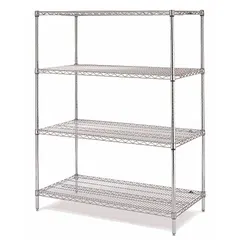 Stainless steel stationary wire shelving unit with four shelves and split sleeve assembly. Silver finish. Overall height 74 inches. Designed for wet environments where corrosion resistance is required.