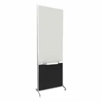 This freestanding room divider features a single opaque black fabric panel with an anodized aluminum frame. It meets NIJ Level III-A ballistic standards for protection against handgun threats. Suitable for creating secure partitions in offices, lobbies, or other interior spaces requiring ballistic-rated separation