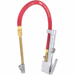 This single-tire inflator gauge features a sight glass and dual-head straight chuck design for visual pressure monitoring and easy access. Constructed from aluminum with a 1/4 in thread size, it is suited for standard tire inflation tasks in automotive, truck, and industrial equipment maintenance.