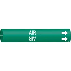 This snap-on pipe marker identifies compressed-air lines with a green background and white legend. It fits pipe outer diameters of 4 to 6 inches and includes directional arrows for flow indication. Suitable for industrial piping systems requiring clear pipe identification.