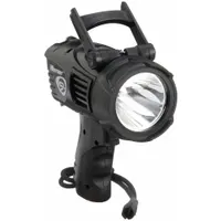 Spot beam spotlight with polycarbonate housing. Provides 550 lumens, 625 m beam distance, and 10-hour runtime at maximum brightness. Includes 12V DC power cord for vehicle or fixed-site use in industrial inspection, security patrol, and outdoor search operations