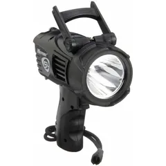 Spot beam spotlight with polycarbonate housing. Provides 550 lumens, 625 m beam distance, and 10-hour runtime at maximum brightness. Includes 12V DC power cord for vehicle or fixed-site use in industrial inspection, security patrol, and outdoor search operations.