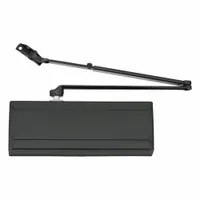 This Grade 1 heavy duty door closer features a parallel arm mount for interior or exterior use. It is non-hold open with an adjustable spring size 6, and is ADA compliant. The closer measures 11 13/16 inches in length and has a black finish. Suitable for controlling door closing speed in commercial applications such as schools, hospitals, and offices