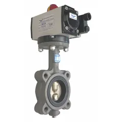 This ductile iron butterfly valve is pneumatically actuated with an air-to-spring mechanism. It is designed for general-service applications in water media, such as water treatment, HVAC, and process lines. The valve does not include a pilot solenoid voltage.