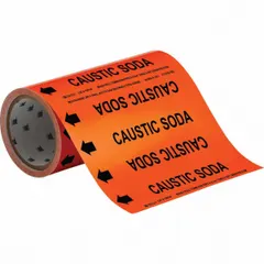 Orange adhesive pipe marker with black legend reading 'Caustic Soda' and directional arrows. Designed for pipes with an outside diameter of 2 inches or smaller. Each roll contains 30 markers. Used to identify pipes carrying caustic soda in industrial facilities, aiding in hazard communication and flow direction indication.
