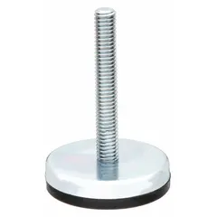 This non-skid male leveling mount features an M10 threaded stud with 61 mm length and a round rubber thrust pad. It supports a load capacity of 114 kg and is used for stabilizing machinery, conveyors, and industrial equipment while providing vibration dampening and floor protection.