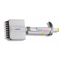 Manual adjustable volume multichannel pipettor with 12 channels. Maximum capacity 10 µL, volume increment 0.01 µL. Autoclavable, gray finish. Used for simultaneous liquid handling in microplate assays and other multi-sample applications.