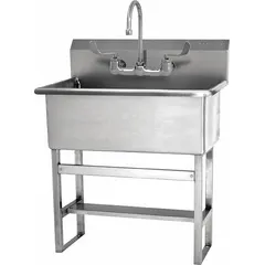 This one-station freestanding hand sink includes a faucet and is constructed from 14 ga material. The bowl measures 28 in length and 10 1/2 in depth, with a flow rate of 2 gpm. Side splash is not included. Suitable for hand-washing in industrial settings.