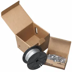 This wire rope hanging kit is designed for suspending fluorescent fixtures from ceilings or overhead structures. The kit includes 50 BKC200 clamps and features a zinc-plated finish. It provides a secure and adjustable hanging solution for commercial and industrial lighting installations.