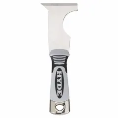This painter's multi-tool features a stainless steel blade that resists corrosion, suitable for wet or outdoor use. The blade measures 3-1/8 inches in length and 2-1/2 inches in width, with a plastic handle. It is designed for scraping, spreading, and removing paint, putty, and adhesives during painting preparation and cleanup.