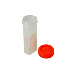 Staining jar for microscope slides, made of polypropylene copolymer. Measures 98 mm in height and 30 mm in width. Suitable for use in histology, pathology, and clinical laboratories for staining and processing slides.