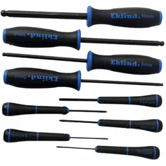 This 9-piece set includes ball hex tip screwdrivers for accessing fasteners at an angle. The set is supplied in a pouch for storage. Tips are not magnetized. Suitable for assembly, maintenance, and repair tasks requiring hex-drive fastening.