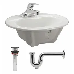 This ZURN countertop bathroom sink is made of white vitreous china and includes a single manual handle faucet. Overall dimensions are 20 inches in length and 17 inches in width. Suitable for residential or commercial washroom installations where a compact sink with integrated faucet is required.