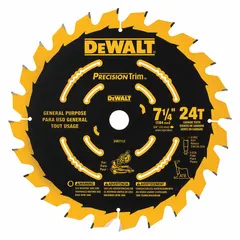 This 7-1/4-inch diameter circular saw blade features 24 teeth with a 0.06-inch kerf and a 5/8-inch arbor. Designed for general-purpose wood cutting, it handles both ripping and crosscutting in lumber and plywood.