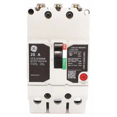 GE Molded Case Circuit Breaker: 20 A Amps, 25kA at 277/480V AC, Fixed, Lug - TEY-Frame GE Molded Case Circuit Breakers