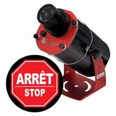 This 80 W LED projector with image disk projects a fixed Arrêt / Stop legend onto surfaces for safety signage, hazard marking, or industrial wayfinding. It includes mounting brackets and comes as a projector, lens, and image template with a white background.