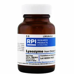 Lab-grade protease inhibitor supplied as a powder in a glass container. Used in biochemical research for cell lysis, protein extraction, and enzymatic assays requiring lysozyme activity.