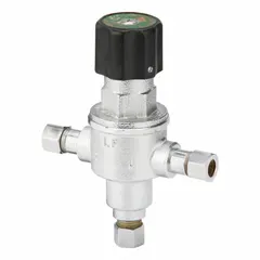 This point-of-use thermostatic mixing valve blends hot and cold water to maintain a consistent outlet temperature. It features 3/8 inch inlet and outlet connections and a polymer thermoplastic shuttle. Commonly used in plumbing systems where precise water temperature control is required.