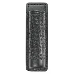This duty equipment pouch is constructed from black synthetic leather with a basket weave pattern. It measures 6 inches by 2 1/4 inches and features an open closure for quick access. Commonly used by law enforcement and security personnel to carry a flashlight on a duty belt.