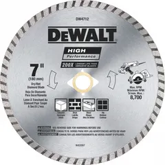 This 7-inch diamond blade is designed for dry cutting of concrete and asphalt. It features a 7/8-inch arbor and is intended for use with angle grinders in construction and demolition applications.