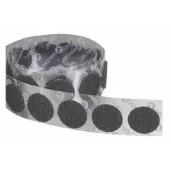 Pre-cut hook disc with adhesive acrylic backing for permanent mounting on clean, dry surfaces. Made of nylon, 3/8 in diameter, black. Used for lightweight fastening in cable management, signage, or electronics assembly.