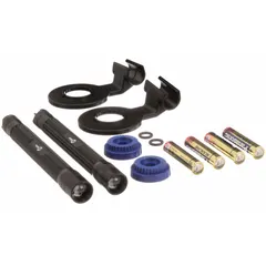 This headgear attachment provides illumination inside T94-series welding helmets, compatible with manufacturer model numbers 260482 and 260483. The unit is powered by four included AAA batteries. It is used to improve visibility in low-light conditions during welding operations.