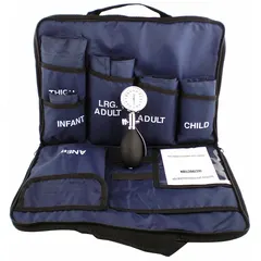 Reusable blood pressure kit with a nylon cuff in blue, designed for adult or pediatric patients. Includes a palm aneroid gauge and a 13-inch cuff tube. Suitable for non-invasive blood pressure measurement, including thigh placement in clinical settings.