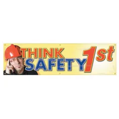 Indoor/outdoor poly sheeting banner printed on one side. Nominal size 28 in x 96 in. No wind slits. Used for safety awareness messaging in industrial workplaces such as factories, warehouses, and construction sites.