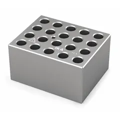 Dry block heater made of anodized aluminum with 20 wells, each 10 7/8 mm in diameter and 1.5 mL capacity. Includes a thermometer well. Overall dimensions: 3 3/4 in wide by 3 in long. Used for heating and incubation of samples in laboratory settings.