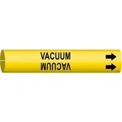 Yellow snap-on pipe marker with black legend 'Vacuum' and directional arrows. Fits pipe outer diameters from 3/4 to 1-3/8 in. Used to identify vacuum lines in industrial piping systems, aiding in safety and compliance with pipe marking standards.