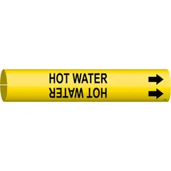 Yellow pipe marker with black text and arrows for identifying hot water piping. Snap-on design fits pipe outer diameters of 4 to 6 inches. Provides clear flow direction and content indication for facility safety and compliance.