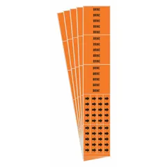 Orange adhesive pipe marker with black 'Brine' legend and directional arrows. Fits pipe outer diameters of 3/4 inch and smaller. Each 5-pack contains 3 markers. Used to identify pipes carrying brine solution in industrial piping systems.