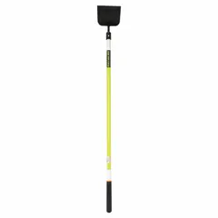 This floor scraper features a stiff carbon steel blade and a fiberglass handle with a standard end. Designed for removing floor coverings, adhesives, and debris from surfaces in construction, renovation, and maintenance tasks.