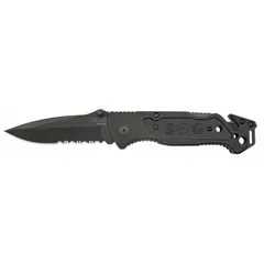 This assisted-opening folding knife features an aluminum handle. With a closed length of 4 3/4 inches and an overall length of 8 1/4 inches, it is suited for tasks requiring quick, one-handed blade deployment in emergency and rescue contexts.