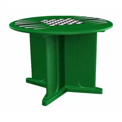 Round X-base table with 48-inch diameter and 29-inch overall height. Green polyethylene construction. Includes game top surface and accepts ballast for stability. Suitable for commercial and recreational settings such as parks, patios, and break rooms.