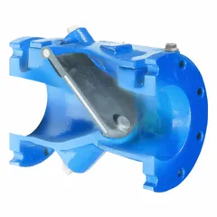 This ductile iron inline swing check valve features a flange x flange connection and a 2 1/2 in pipe size. It is designed to prevent backflow in piping systems, suitable for horizontal or vertical installation. Typical applications include water and wastewater systems where reliable flow control is required.