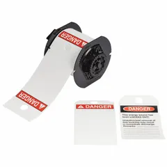 Pre-cut polyester danger tags on a roll, 5 3/4 in x 3 1/4 in, white, with 100 tags per roll. Suitable for indoor/outdoor use in industrial safety labeling to warn personnel of hazards. Compatible with S3700 printer series; requires B30-R10000 ribbon.