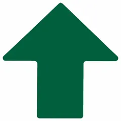 Solid green arrow-shaped floor marking tape, 4 inches by 10 inches, with a thickness of 0.008 inches. Backing material is polyester with polyester overlaminate. Supplied in a pack of 25. Used to mark directional paths, walkways, and hazard areas in industrial facilities.