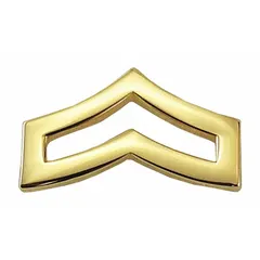 Gold metal chevron rank insignia for Corporal, measuring 3/4 inch. Attaches via clutch pin to uniform collars, lapels, or shoulder epaulets for military, law enforcement, or uniformed service dress.