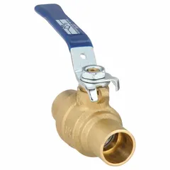 This brass ball valve features a straight two-piece body with sweat x sweat connections for copper pipe installation. The memory stop lever indicates valve position and prevents accidental operation. Suitable for on/off flow control in plumbing and HVAC systems.