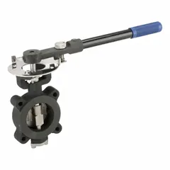 This 3-inch lug-style butterfly valve features a carbon steel body and RPFTE liner, with a lever handle and a maximum pressure rating of 285 psi (CWP). It is used for flow control and shut-off in industrial piping systems handling steam media.