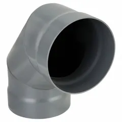 This 90° elbow is made of PVC and designed for 16-inch duct diameter. With a 19-inch overall length and 3-piece construction, it is used in industrial ventilation and material handling systems to change airflow direction.