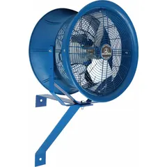 This 18-inch high-velocity fan is designed for post mounting in industrial environments. It operates on 208 to 230/460V AC with a 1/2 hp motor, delivering single-speed, non-oscillating airflow for spot cooling and ventilation in warehouses, factories, and workshops.