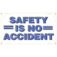 This poly sheeting banner is printed on one side with a safety message. It is suitable for indoor or outdoor use in industrial facilities, break rooms, entrances, or job sites. The banner measures 28 inches by 48 inches and does not include wind slits