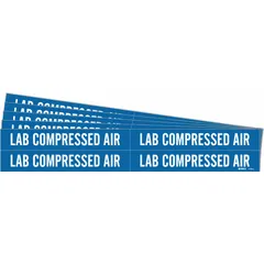 Blue adhesive pipe marker with white legend reading 'Lab Compressed Air'. Fits pipe outer diameters from 3/4 to 2-3/8 inches. Pack includes 4 markers without arrows, supplied as a 5-pack. Used to identify compressed air lines in laboratory and industrial piping systems.
