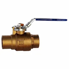 This two-piece brass ball valve features a straight pattern with sweat x sweat connections for copper pipe installation. The locking lever handle provides tamper-resistant shutoff for on/off flow control in plumbing and HVAC systems. Blue finish.