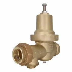 This bronze water pressure regulator reduces and stabilizes incoming water pressure to protect downstream fixtures and piping. It features a single union design for easy servicing and is low-lead compliant. The adjustable pressure range is 15 to 75 psi, with a 1 1/2 in pipe size and Solder x FNPT connections.