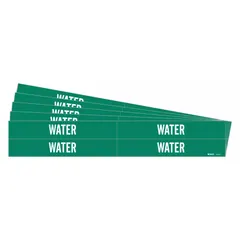 Green adhesive pipe marker with white legend text reading 'Water'. Designed for pipes with outer diameter from 3/4 to 2-3/8 inches. Each pack contains 4 markers without arrows, sold in a 5-pack quantity. Used to identify pipe contents in industrial and commercial piping systems.
