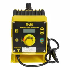 This compact solenoid-driven diaphragm metering pump features a PVDF head, PTFE diaphragm, and ceramic check balls for handling aggressive chemicals. It operates at 115V AC with ±1.0% reproducibility, and includes PVDF fittings and PVDF/PTFE seals. Suitable for precise chemical dosing in water treatment, industrial processing, and chemical injection systems.
