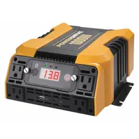 The POWERDRIVE PD1000 power inverter converts 12.8V DC input to 1000W of AC power, supplying four AC outlets and two USB ports. It is used to operate tools, equipment, and electronics in settings without grid power, such as on service vehicles or at remote work sites